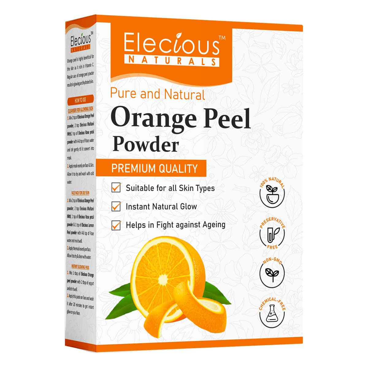 Elecious Orange Peel Powder For Skin and Face (200 Grams) | No Chemical, No preservative | Help in Tan Removal, Face cleansing and make skin glowing