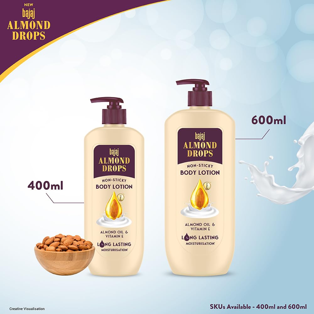 Bajaj Almond Drops Non-Sticky Body Lotion | Long Lasting Moisturization | Almond Oil & Vitamin E | Nourished and Smooth Skin | 600 ML