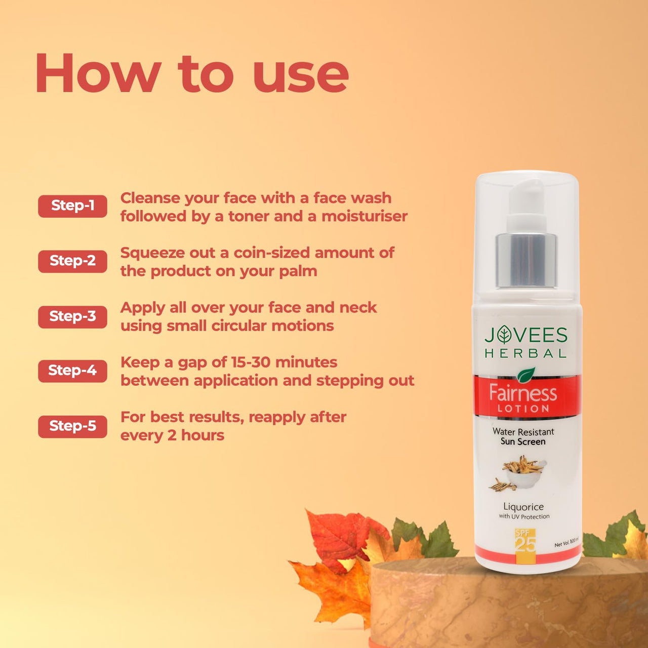 Jovees Herbal Sunscreen Fairness SPF 25 Lotion for Oily, Sensitive | Light Weight,Non Greasy, Quick Absorbing | Protects from Tanning & Uneven Skin Tone 100 ML (Pack of 2)