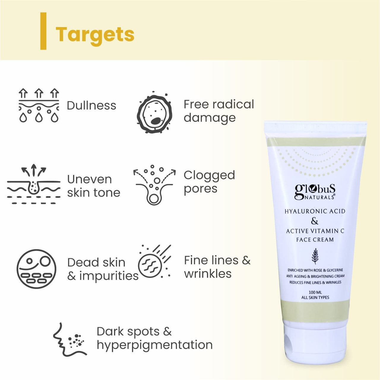 Globus Naturals Hyaluronic Acid & Vitamin C Anti Ageing Face Cream, Enriched with Rose & Glycerine, Skin Lightening & Brightening Formula, 100 ml, Pack Of 5