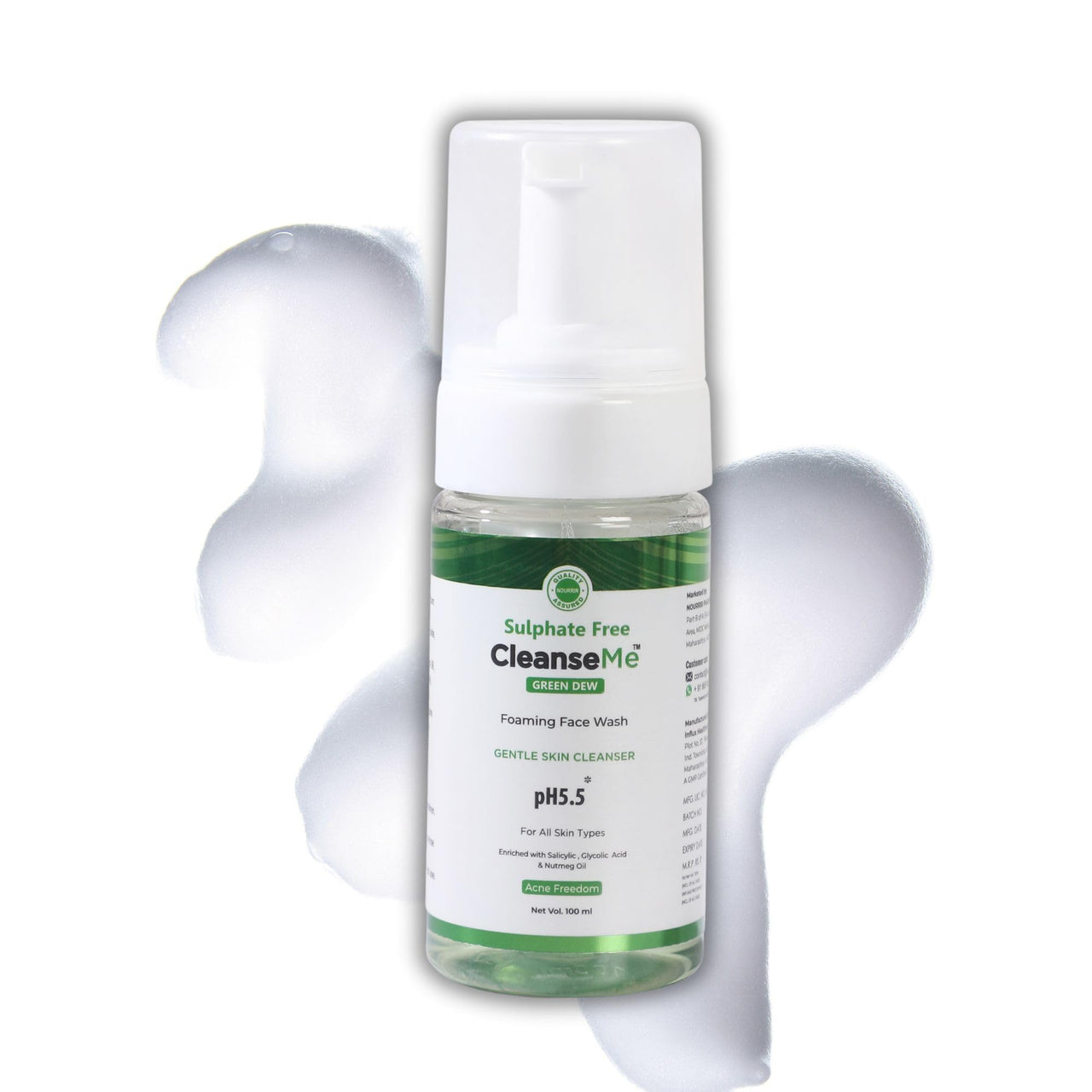 NOURRIR CleanseMe Green Dew Foaming Face Wash | 100ML | Enriched With Glycolic Acid & Nutmeg Oil | Acne Freedom |