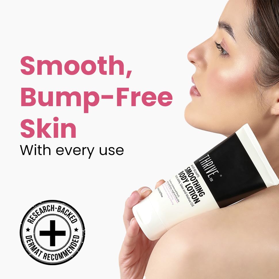ThriveCo Smoothing Body Lotion for Dry, Rough & Bumpy skin | With AHA, Mahua Oil & Urea | Moisturizes, Hydrates & Treats Keratosis Pilaris,Strawberry Skin in Men & Women | 150 ml