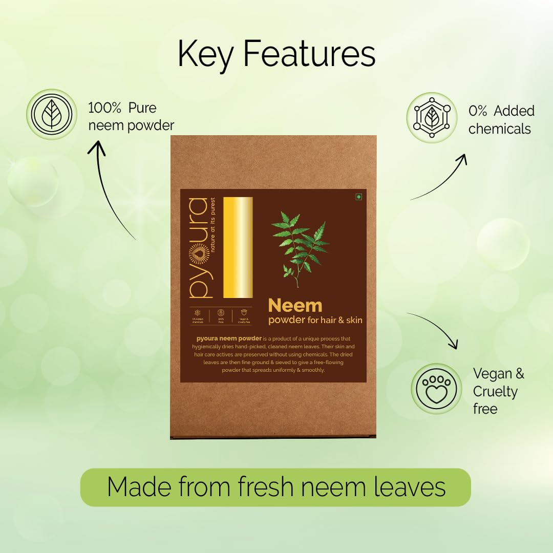 PYOURA Acne Clear Skin Neem Powder, Dark Spot Pigmentation Face Pack, Pure Hygienically Dried Powdered Leaves, Natural Ayurvedic Herbal Mask, No Preservatives Added, 200 g (2 Packs of 100 g Each)