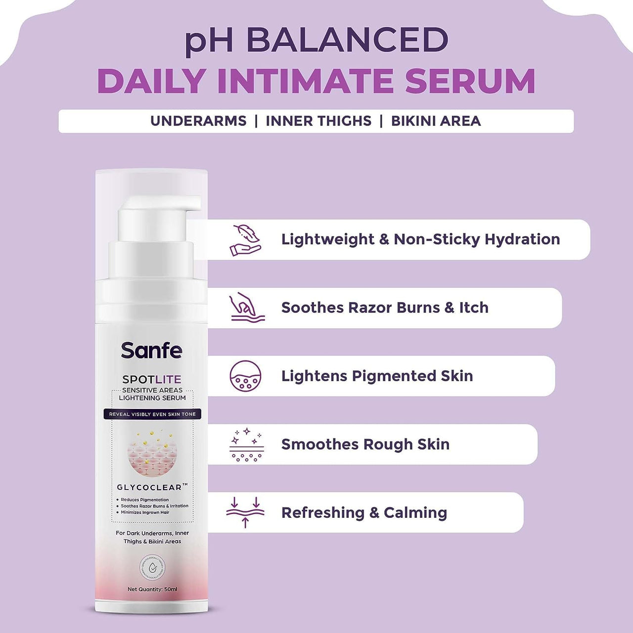 Sanfe Spotlite Sensitive Body Serum For Dark Underarms, Inner Thighs & Sensitive Areas | Enriched with Kojic Acid, 4% Niacinnamide| For Dark Intimate Patches, Detanning, Anti Aging and Skin 50gm