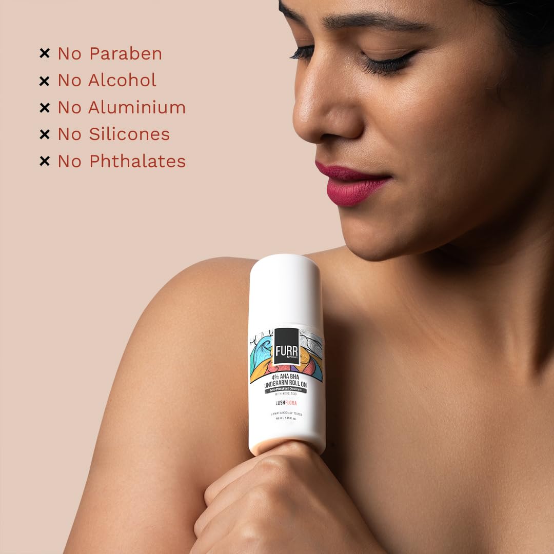 FURR 4% AHA BHA Underarm Roll On with Kojic Acid | Lush Flora Fragrance | 40ml | Helps Reduce Pigmentation, Prevents Body Odour & Brightens Skin | Dermatologically Tested | Antiperspirant