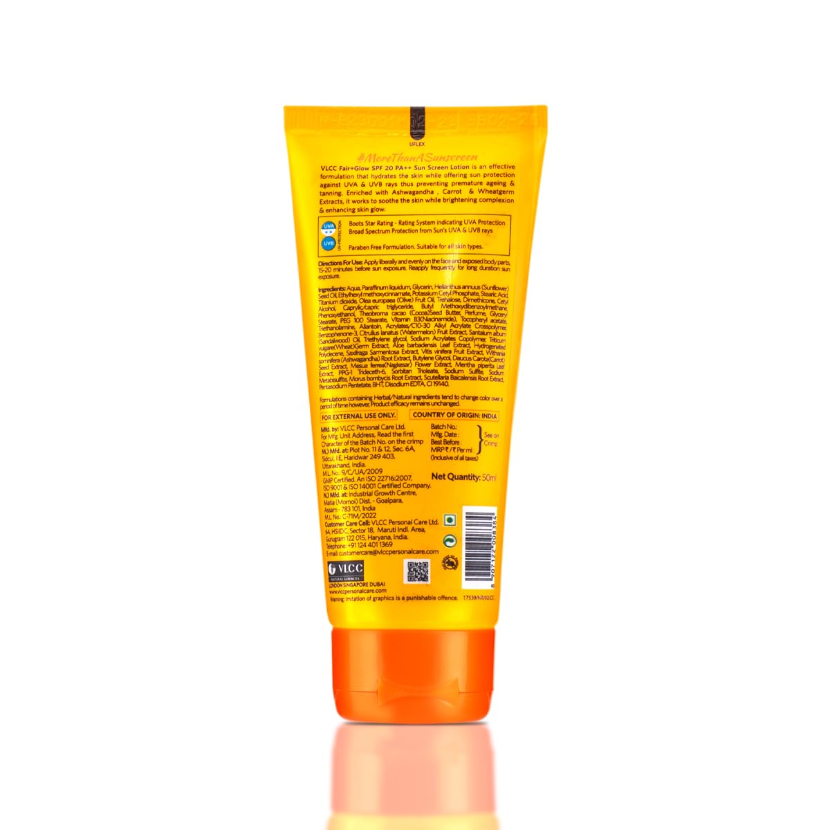 VLCC Fair + Glow Sun Screen Lotion Spf 20 PA++ - 50ml | Brightening Formula Sunscreen | Zero White Cast SPF | Non-Greasy Sunscreen | With Ashwagandha, Carrot & Wheatgerm Extracts.
