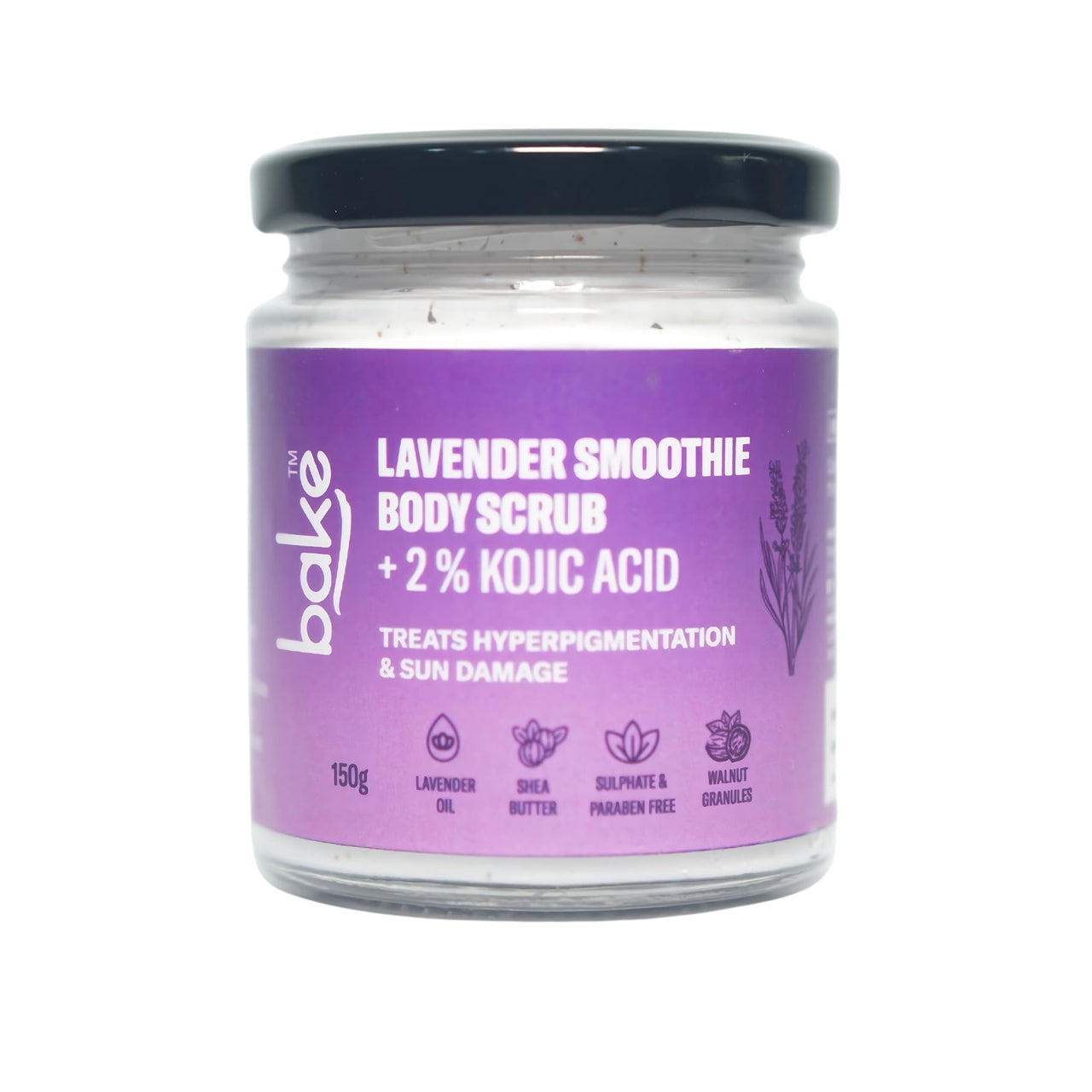 BAKE 2% Kojic Acid Lavender Smoothie Body Scrub for Women & Men | Skin Brightening, Treats Hyperpigmentation & Tan Removal | Shea Butter, Walnut Granules, Jojoba Oil | 150g