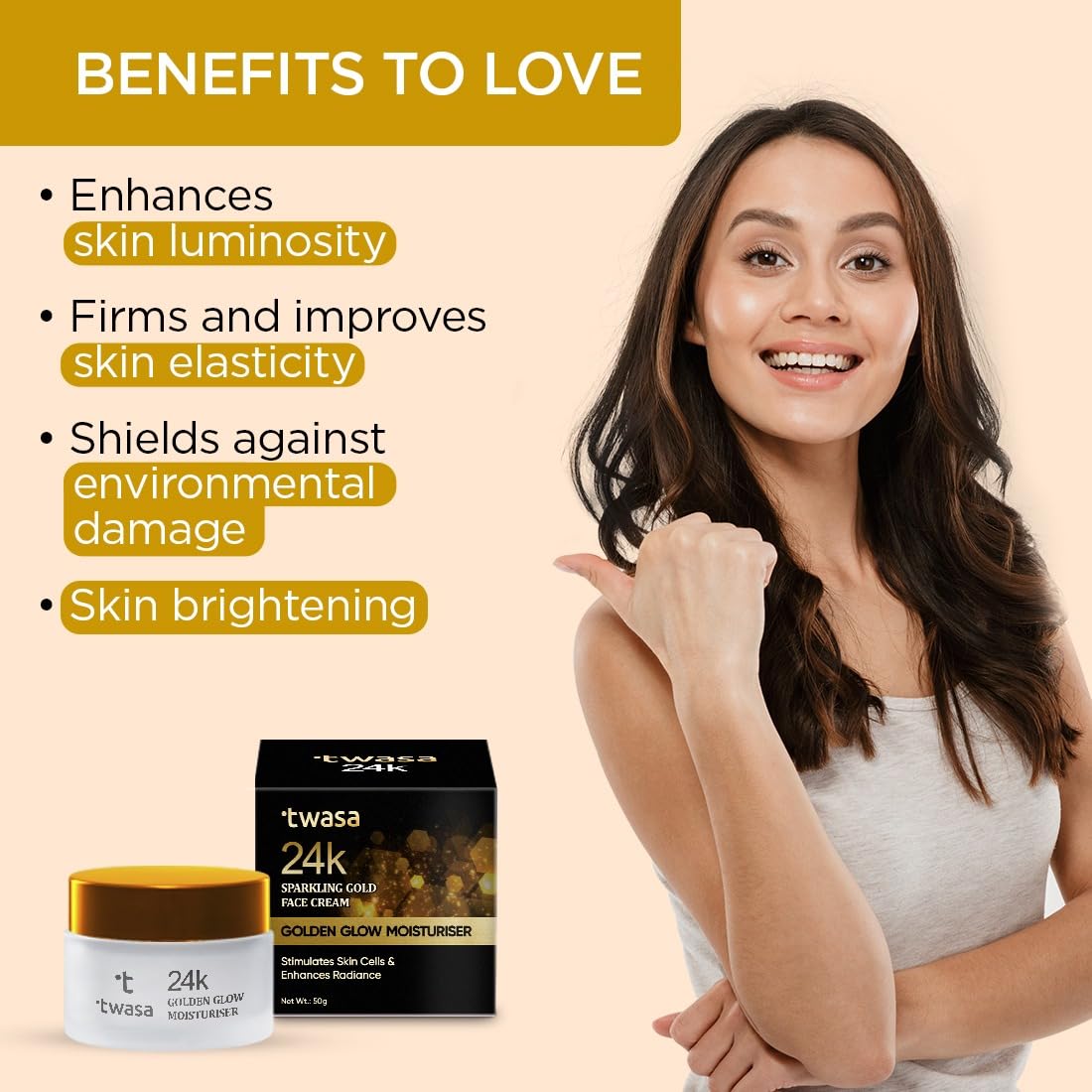 Twasa 24k Gold Pure Moisturizer For Oily & Dry Skin with Real Gold Flakes and Shimmer | Oil Free Glow Moisturizer For Face | Fast Absorbing Face Cream For Men & Women | Paraben Free | 50gm