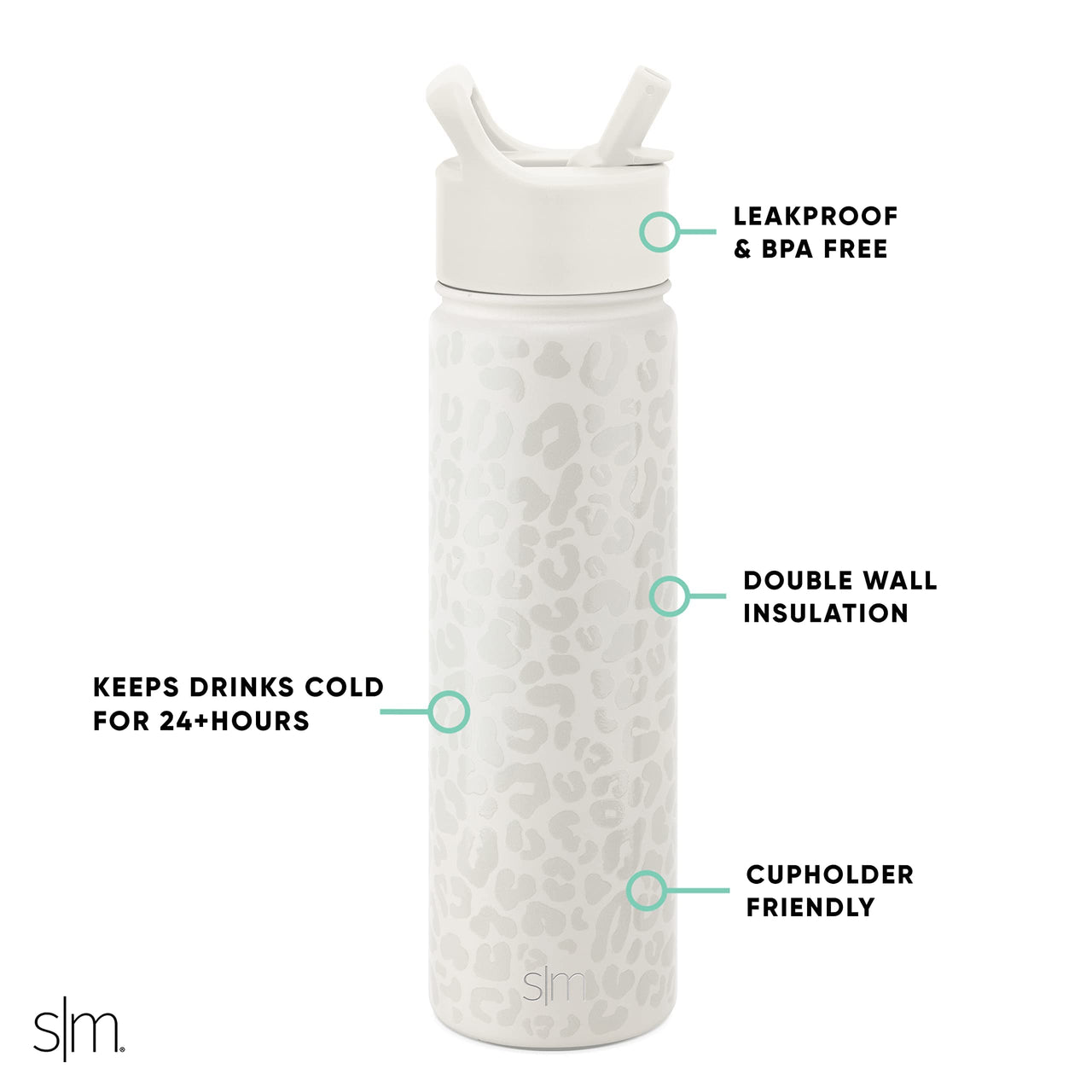 Simple Modern Leopard Water Bottle with Straw Lid Vacuum Insulated Stainless Steel Metal Thermos Bottles | Reusable Leak Proof BPA-Free Flask for Sports | Summit Collection | 22oz, Cream Leopard Pattern: Cream Leopard