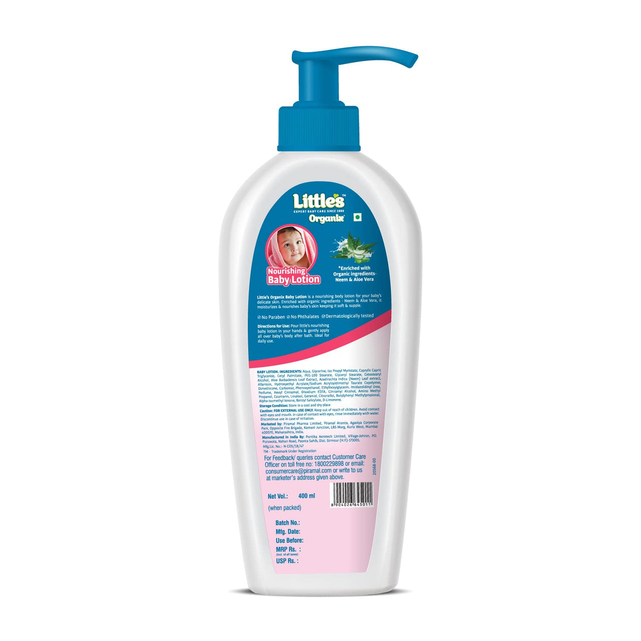 Little's Organix Nourishing Baby Lotion 400ml - Pump Pack | Dermatologically tested | With Organic Aloe Vera & Neem | pH balanced | All skin types | Prevents Dryness and soothes dry skin from 1st use