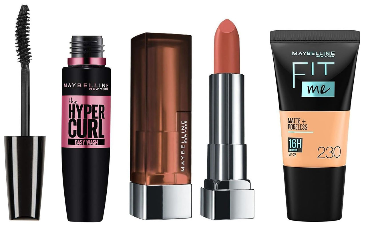 Maybelline New York Prom Queen Makeup Kit - Fit Me Foundation Tube Natural Buff + Hypercurl Mascara Washable + Creamy Matte Nude Nuance