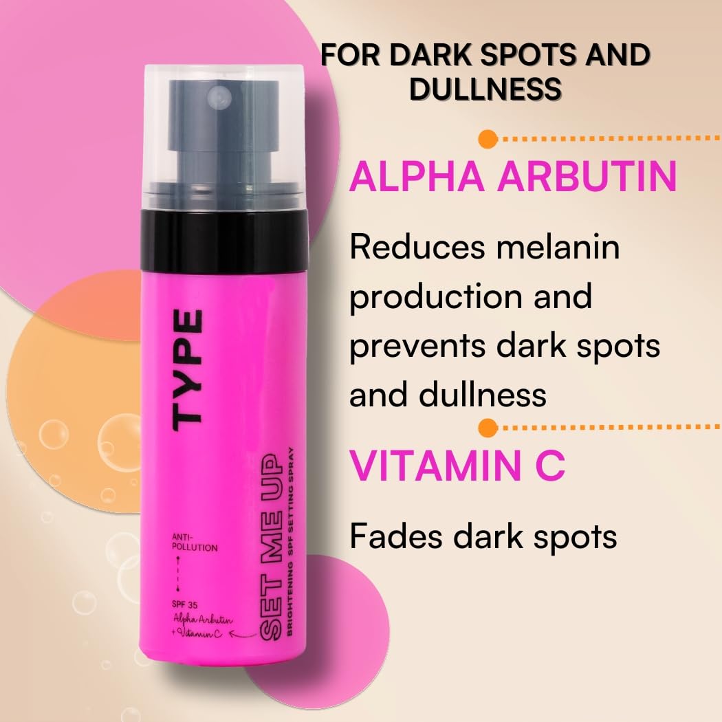 TYPE BEAUTY INC. Brightening Setting Spray with SPF 35 PA++++ | 12Hr Long-Lasting & Hydrating | Natural Finish for Dark Spots & Dull Skin | Brightening & Lightweight | Makeup Fixer | 60ML