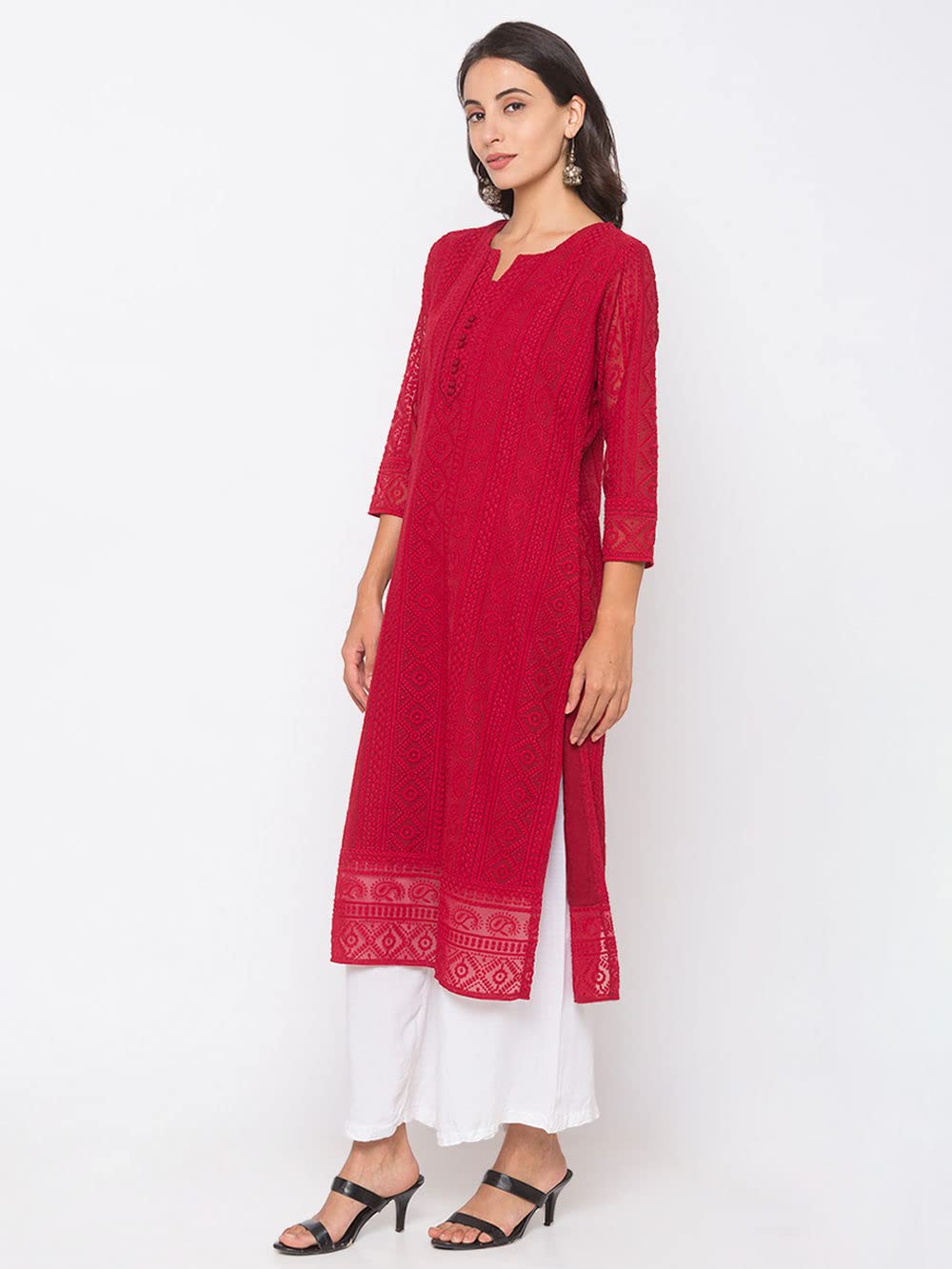 ZOLA Exclusive Georgette Round Neck with 3/4Th Sleeves and Calf Length Luckhnowi Chikan Kari Kurta with Button Placket On Yolk Ethnic Wear Straight Kurta for Women