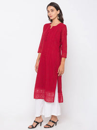 ZOLA Exclusive Georgette Round Neck with 3/4Th Sleeves and Calf Length Luckhnowi Chikan Kari Kurta with Button Placket On Yolk Ethnic Wear Straight Kurta for Women