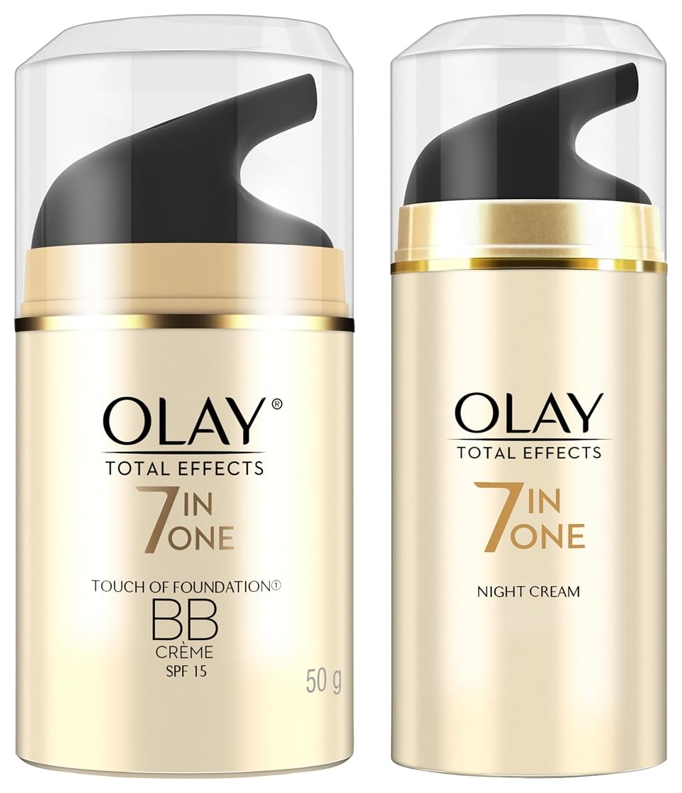 Olay Day Cream Total Effects 7 in 1 BB Cream SPF 15, 50g And Olay Night Cream Total Effects 7 in 1, Anti-Ageing Moisturiser, 50g