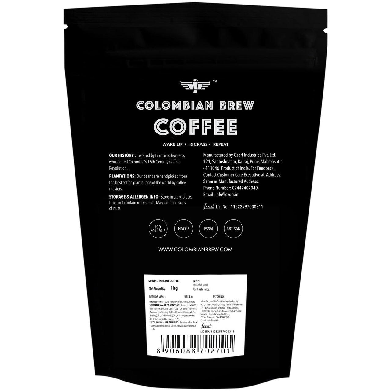 COLOMBIAN BREW COFFEE Colombian Brew Strong Instant Coffee Powder, 60-40 South Indian, 1kg Hotel Pack