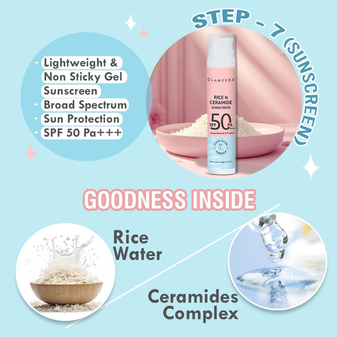 Glamveda Korean Rice & Ceramide 7 Step Weekly Skincare Routine For Women with Gift Box | Face wash, Peel Off Mask, Toner, Serum, Under eye cream, Moisturizer & Sunscreen