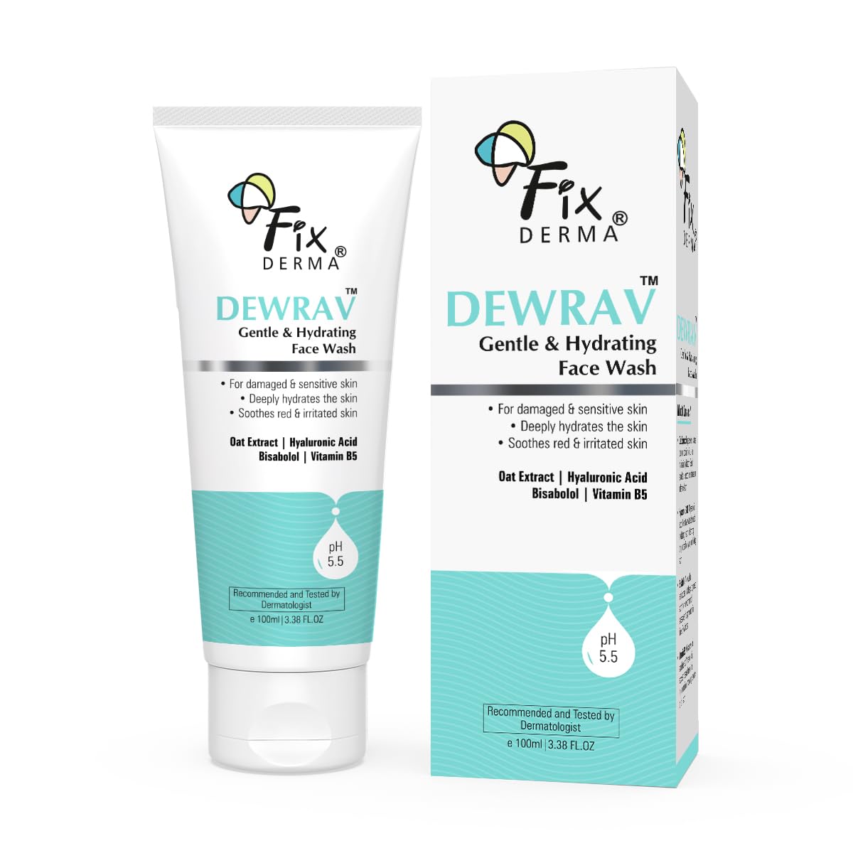 Fixderma Dewrav Gentle & Hydrating Face Wash with 6% Oats Extract, Hyaluronic Acid, Vitamin B5, Bisabolol | Soothes Irritated Skin | Provides Hydration | Face Cleanser For Sensitive, Dry to Normal Skin, 100Ml