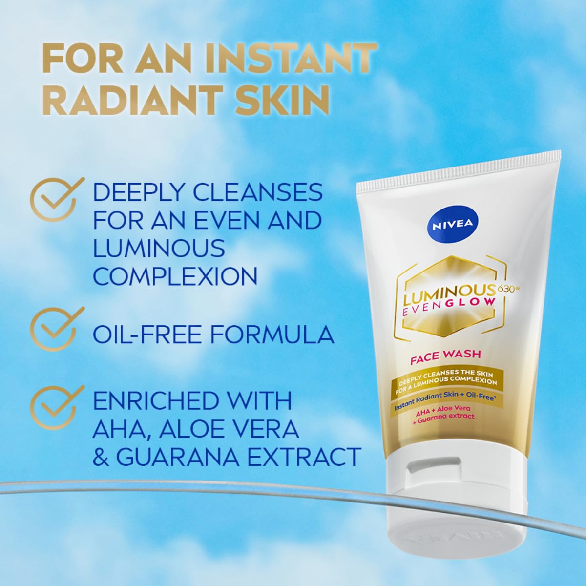 NIVEA Luminous Even Glow Face wash with an oil free formula, infused with AHA, Aloe vera, Guarana Extracts, Deeply cleanses, for Normal & Sensitive Skin, For Women & Men| 100ml