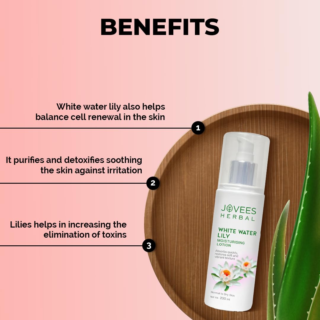 Jovees Herbal White Water Lily Moisturizing Lotion For Flawless Skin | Face Moisturiser For Everyday Use for Normal to Dry Skin | Lightweight, Non-Sticky, Optimum Moisturization- 200ML