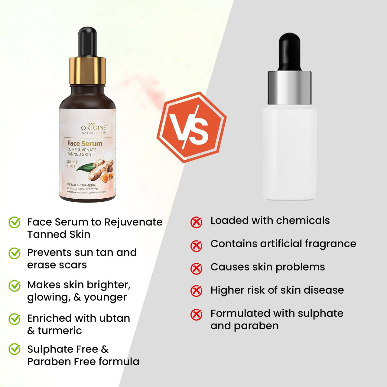 Origine Naturespired Face Serum to Rejuvenate Tanned Skin | Tan Removal Serum with Ubtan & Turmeric | Serum Help Reducing Wrinkles & Fines Lines, Dark Spots Face Serum | SLS & Paraben Free, 30 ml