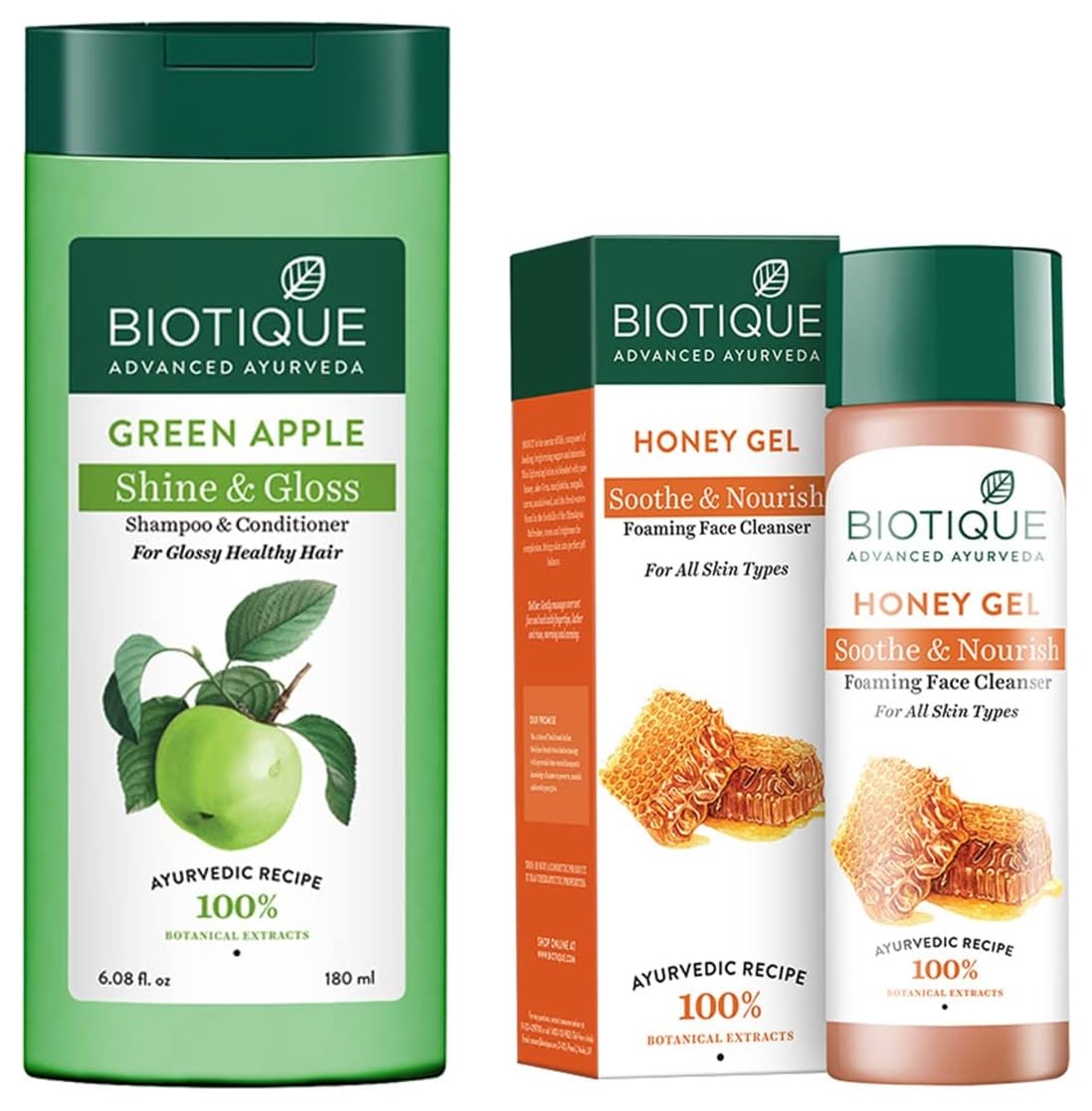 Biotique Bio Green Apple Fresh Daily Purifying Shampoo and Conditioner for Oily Scalp and Hair, 180m And Biotique Bio Honey Gel Refreshing Foaming Face Cleanser, 120ml
