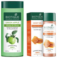 Biotique Bio Green Apple Fresh Daily Purifying Shampoo and Conditioner for Oily Scalp and Hair, 180m And Biotique Bio Honey Gel Refreshing Foaming Face Cleanser, 120ml