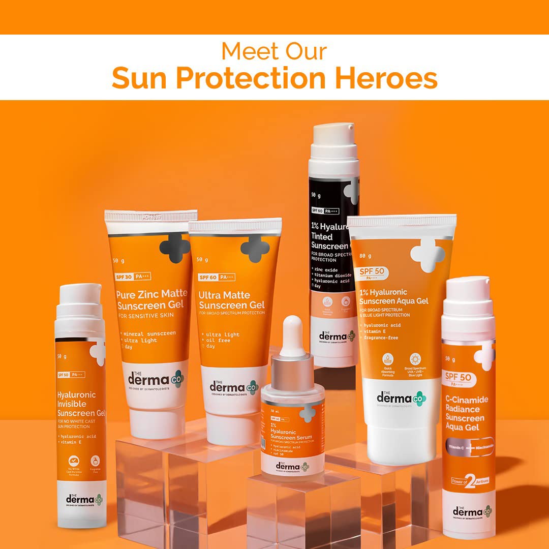 The Derma Co 1% Hyaluronic Sunscreen Aqua Gel SPF 50 PA++++ I For Oily, Dry, Acne-prone Skin | Ultra Lightweight Texture I Non-Greasy I No White Cast | Broad Spectrum Protection & Blue Light Protection | For Men & Women | 30 g