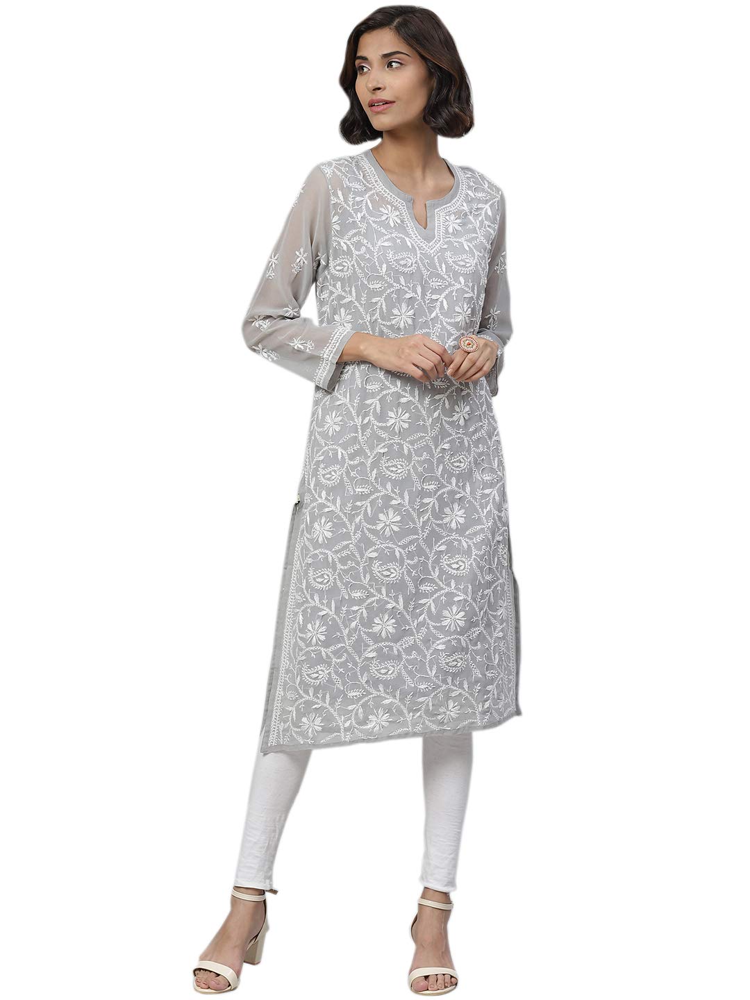 Ada Lucknowi Hand Embroidered Traditional Chikankari Georgette Kurta Kurti with Slip for Women