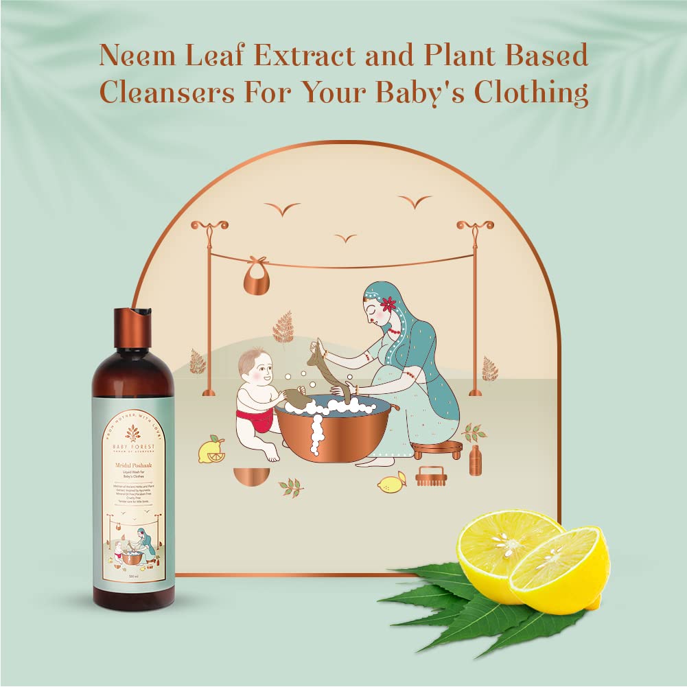 Baby Forest Mridul Poshaak Liquid Wash for Baby Clothes- 500 ml With Herbs & Plant extracts, Mineral Oil-free and Bleach-free formulations, Natural Neem Antiseptic and Antibacterial agent