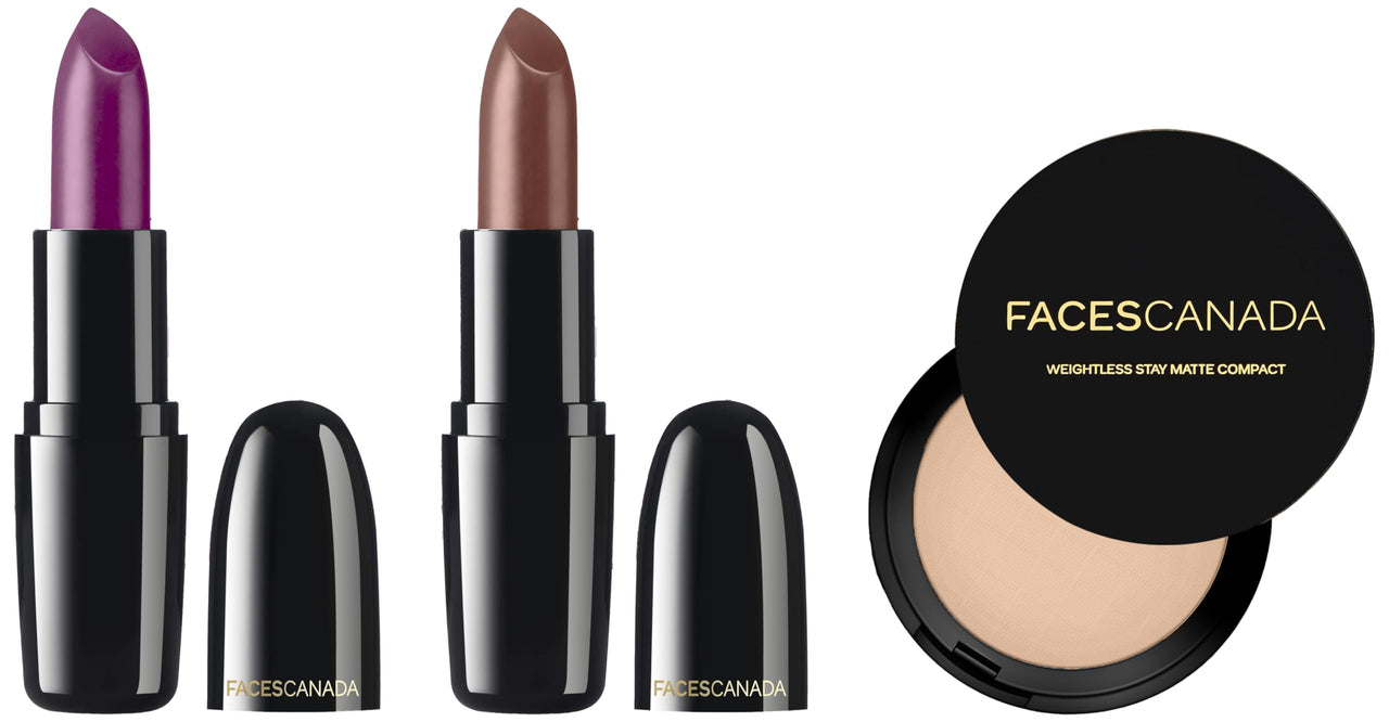 FACESCANADA Weightless Creme Lipstick - Sweet Mocha, Imperial Plum, Stay Matte Compact Powder Ivory, 9G & 4G