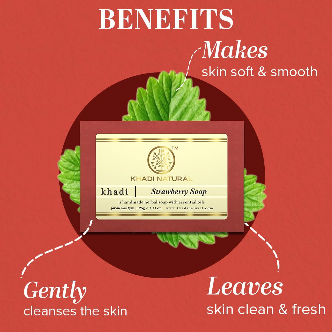 Khadi Natural Strawberry Handmade Soap| Enriched with Strawberry Extracts| Soft & Nourished Skin| Gentle & Refreshing| Enhances Skin’s Texture| Chemical-Free Cleansing| Pack of 2(125 * 2, 250g)