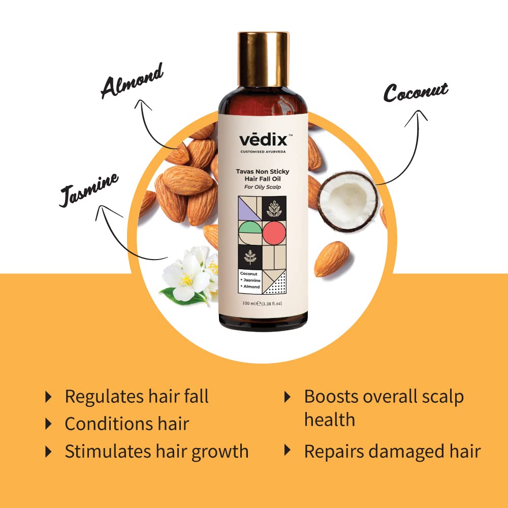 Vedix Customised Ayurvedic Hair Fall Oil | Tavas Non Sticky Hair Fall Oil | For Oily Scalp | With Coconut + Jasmine + Almond | For Reducing Hair Fall | For Hair Growth |100 ml