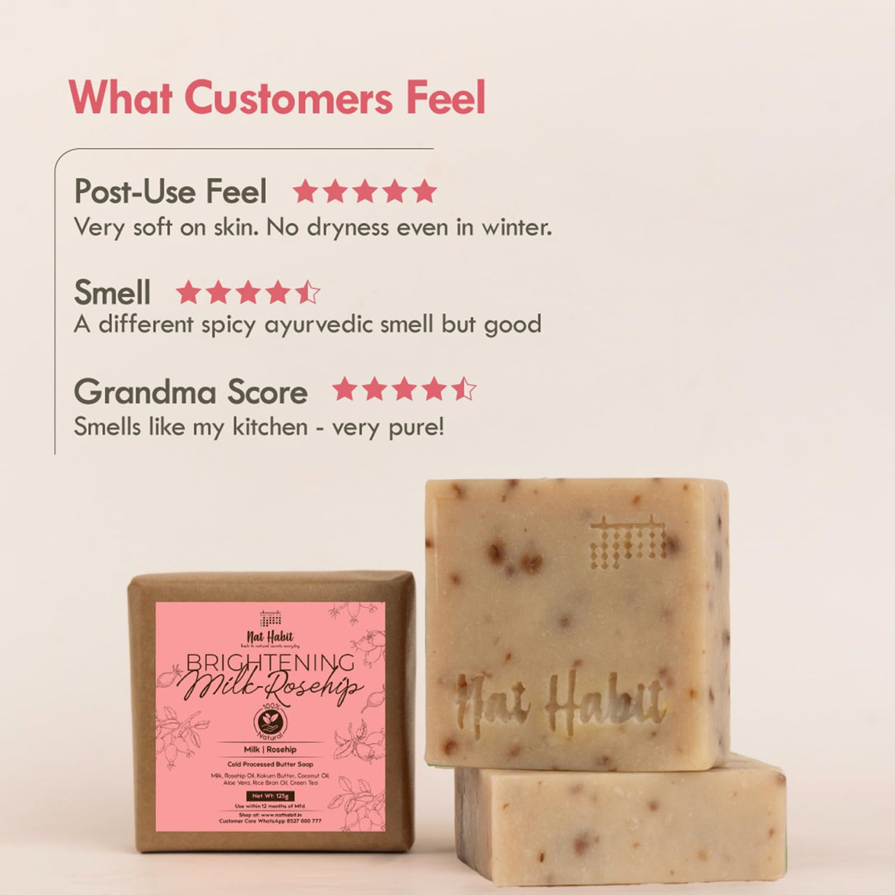 Nat Habit Brightening Milk-Rosehip Bath Soap With Ayurvedic Cold Processed For Scar Reduction, Gentle Exfoliation & Tan (Pack of 2 x 125gm)