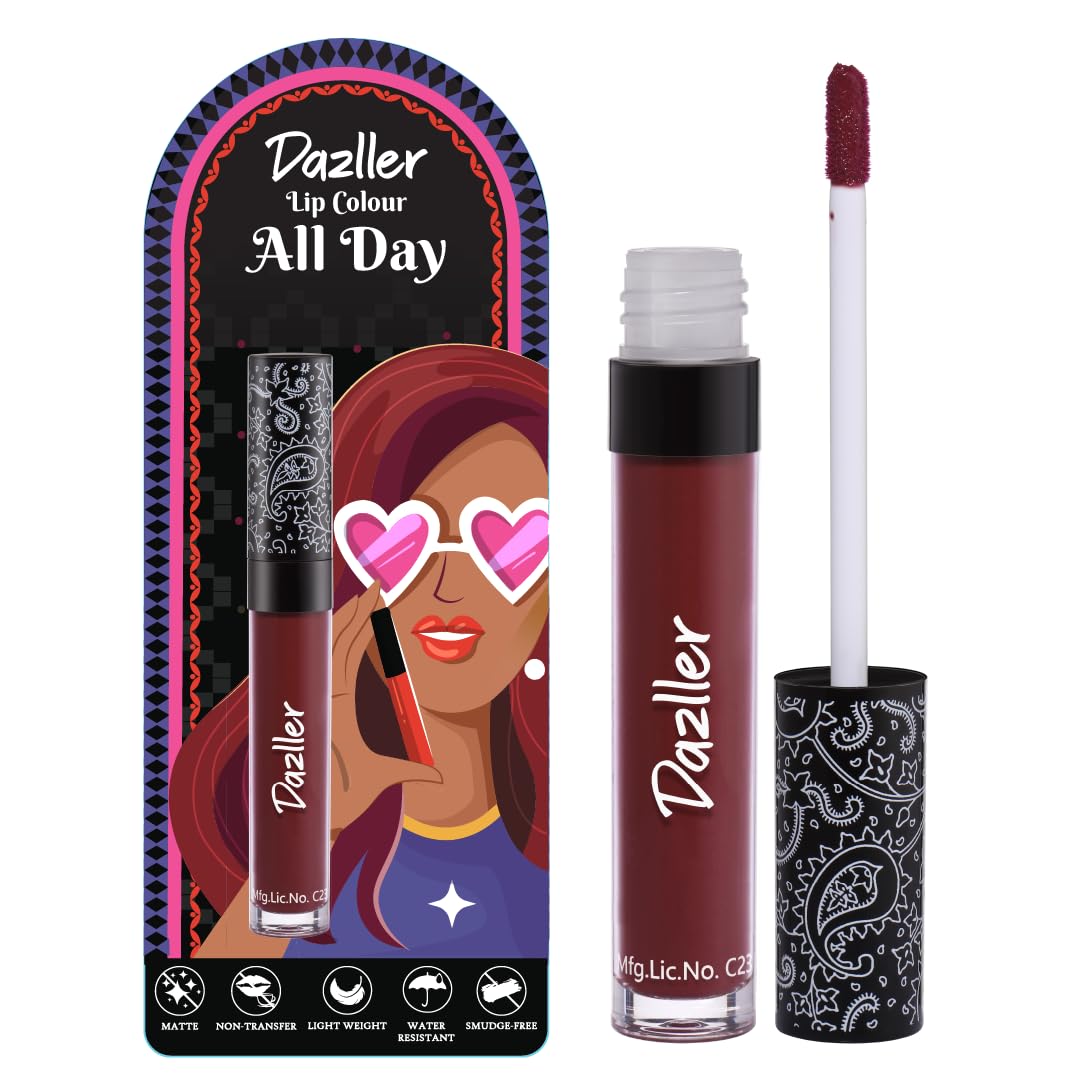 DAZLLER All Day Lipcolour|Moisturizing Kokum Butter|Non-Transfer & Smudge-Proof|8Hr Stay|Matte Liquid Lipstick for Women|Dlc030 Deep Burgundy|6G