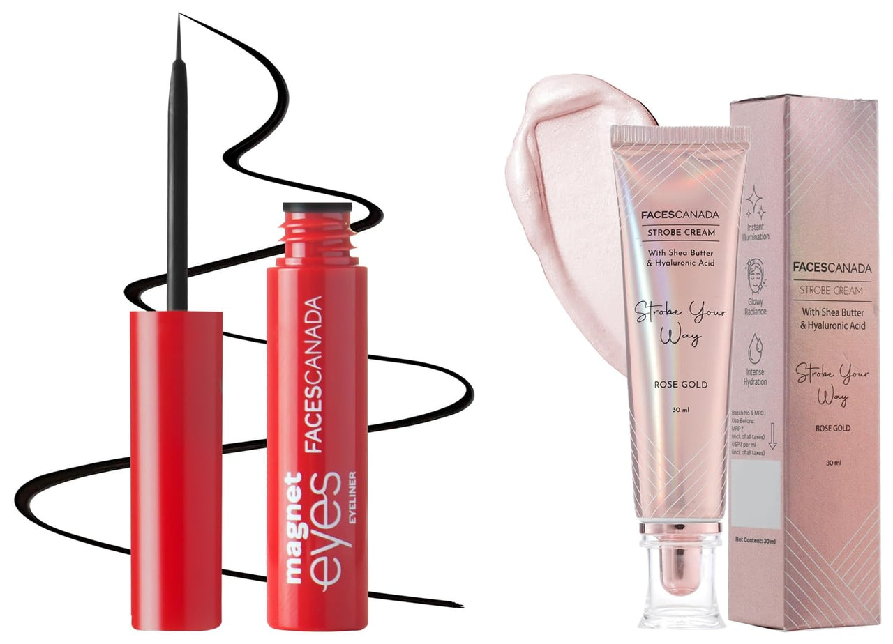 FACESCANADA Strobe Cream - Rose Gold, 30Ml And Faces Canada Magneteyes Eyeliner - Black, 3.5Ml