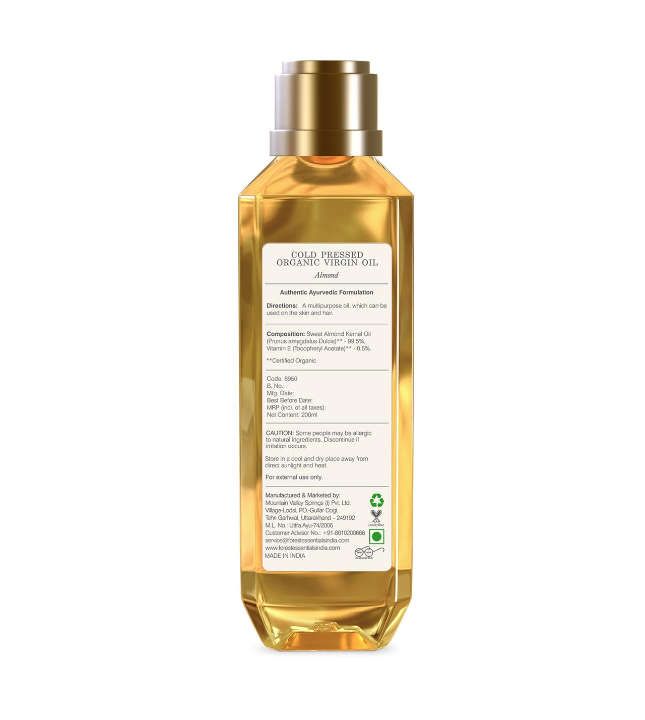 Forest Essentials Organic Cold Pressed Virgin Oil Almond | Rich in Vitamin E | Pure Sweet Almond Massage Oil For Hair & Skin | 200 ml