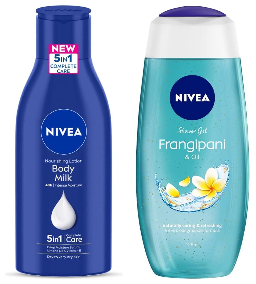 NIVEA Travel Small Pack Combo - (Body Milk 120ml & Frangipani & Oil Body Wash125 ml)
