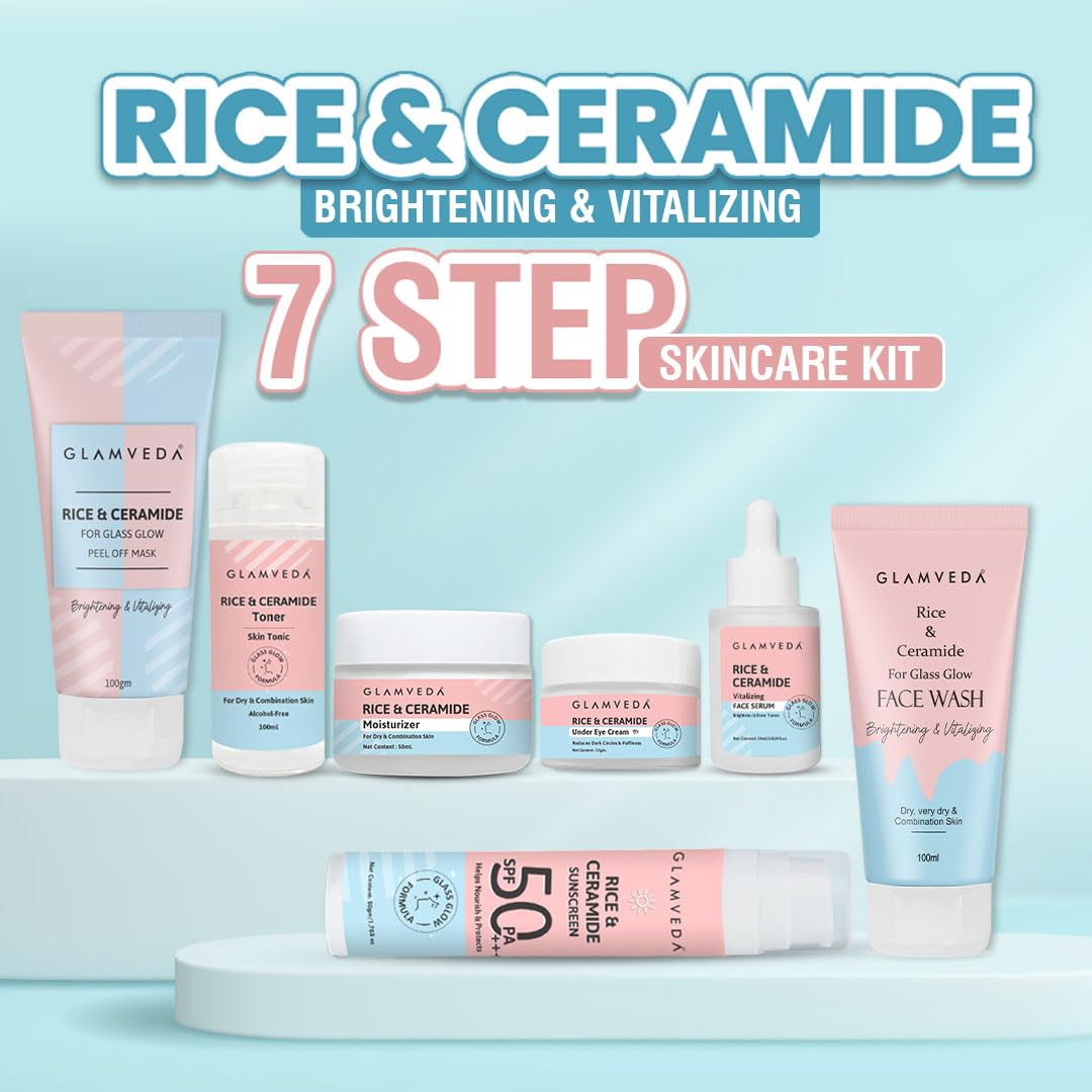 Glamveda Korean Rice & Ceramide 7 Step Weekly Skincare Routine For Women with Gift Box | Face wash, Peel Off Mask, Toner, Serum, Under eye cream, Moisturizer & Sunscreen