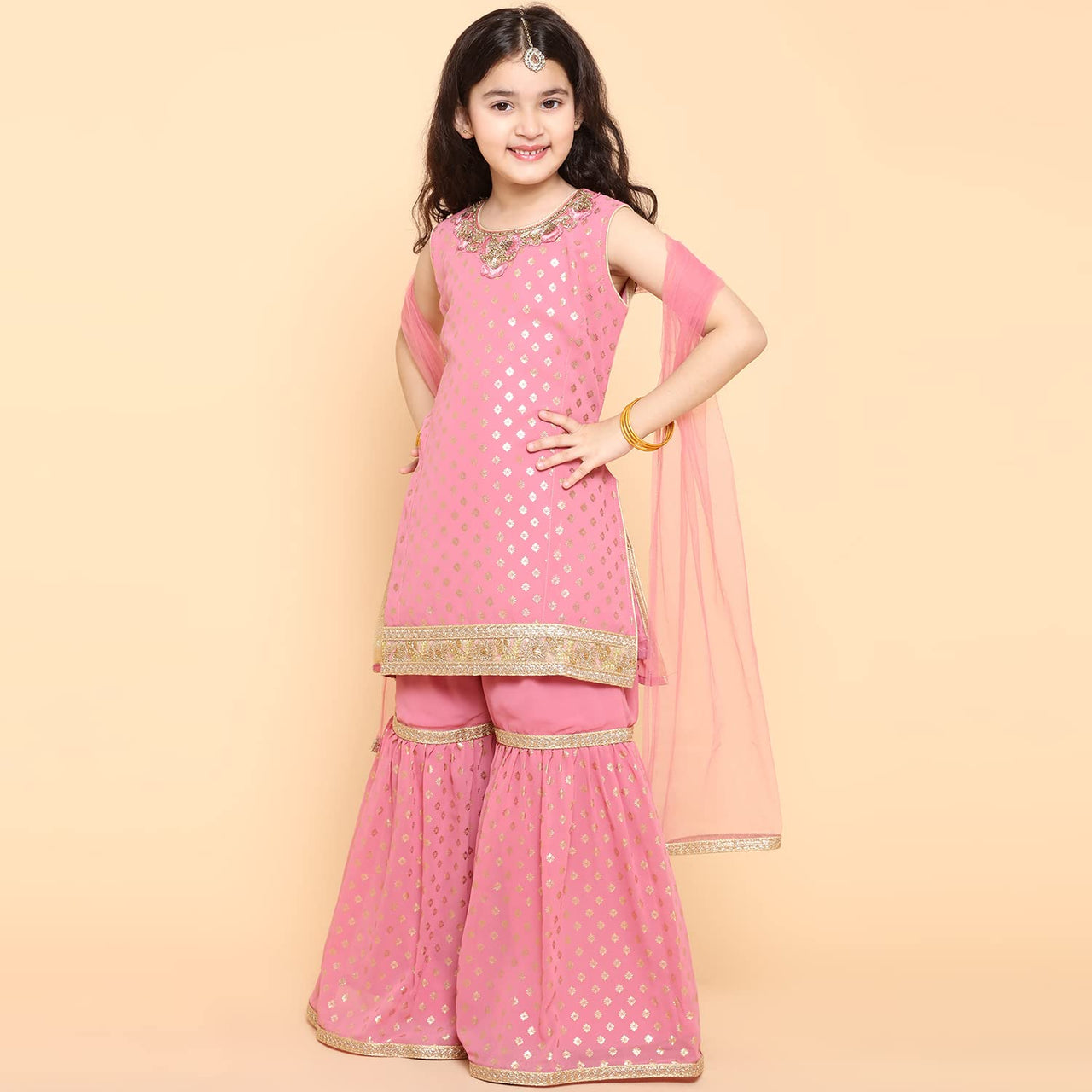 AJ DEZINES Kids Foil Print Sleeveless Kurta and Sharara Set For Girls 6 Years-7 Years