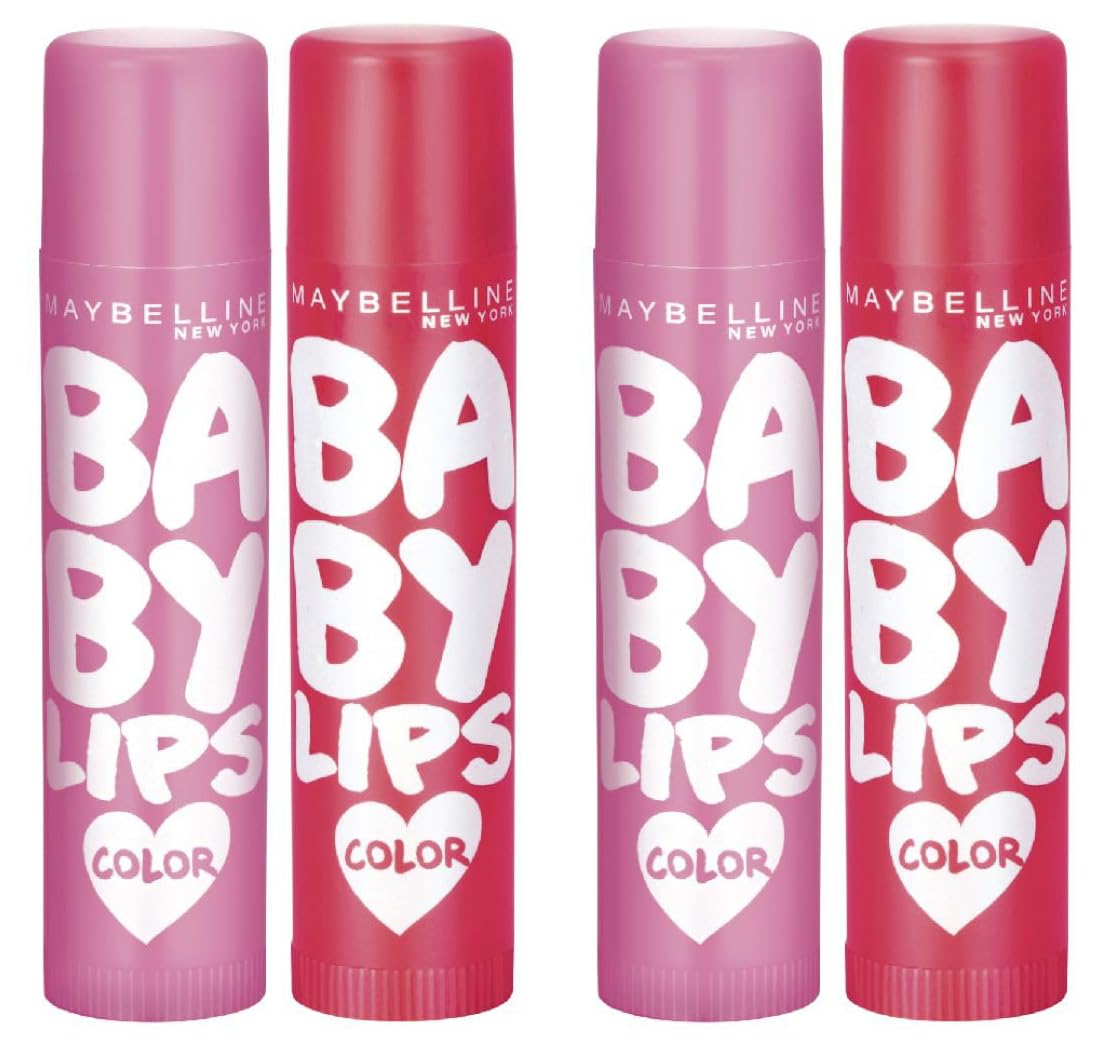 Maybelline New York Lip Balm, With SPF, Moisturises and Protects from the Sun, Pink Lolita & Baby Lips Cherry Kiss, Baby Lips, Pink, Red,(Pack of 4), 8g