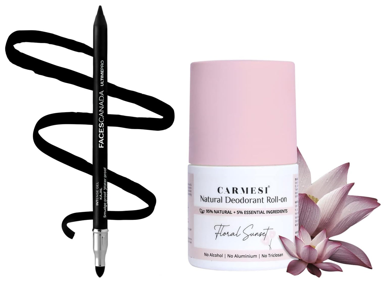 Carmesi Natural UnderArms Roll On Deodorant for Women 50ml and FACESCANADA Ultime Pro Intense Gel Kajal With Smudger & Sharpener - Black,1.2 G