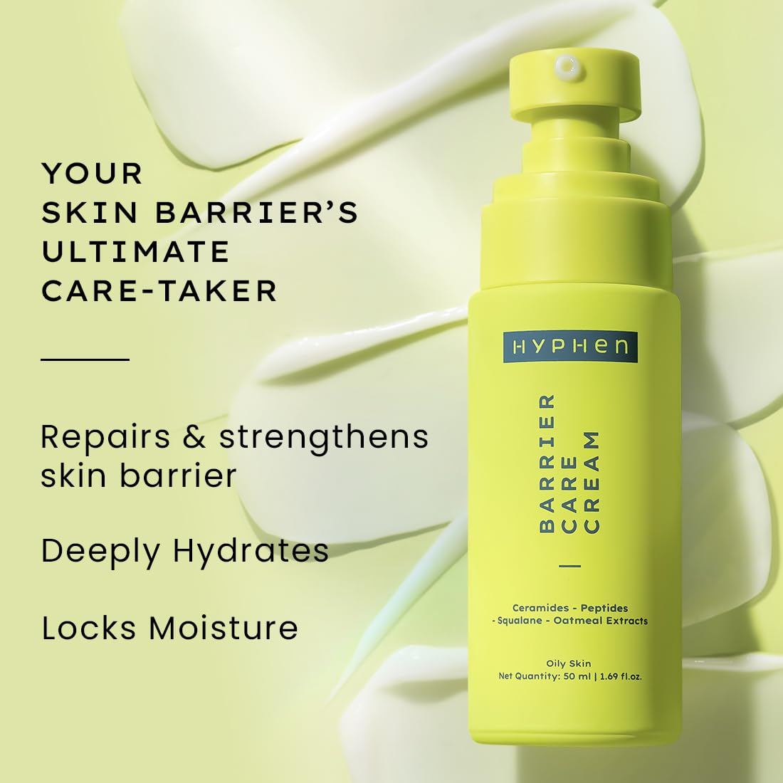 Hyphen Barrier Care Face Cream for Oily & Combination Skin | Lightweight Peptide and Ceramide Face Moisturizer | Strengthens Skin Barrier & Deeply Hydrates | Oil Free Face Moisturizer |50Ml