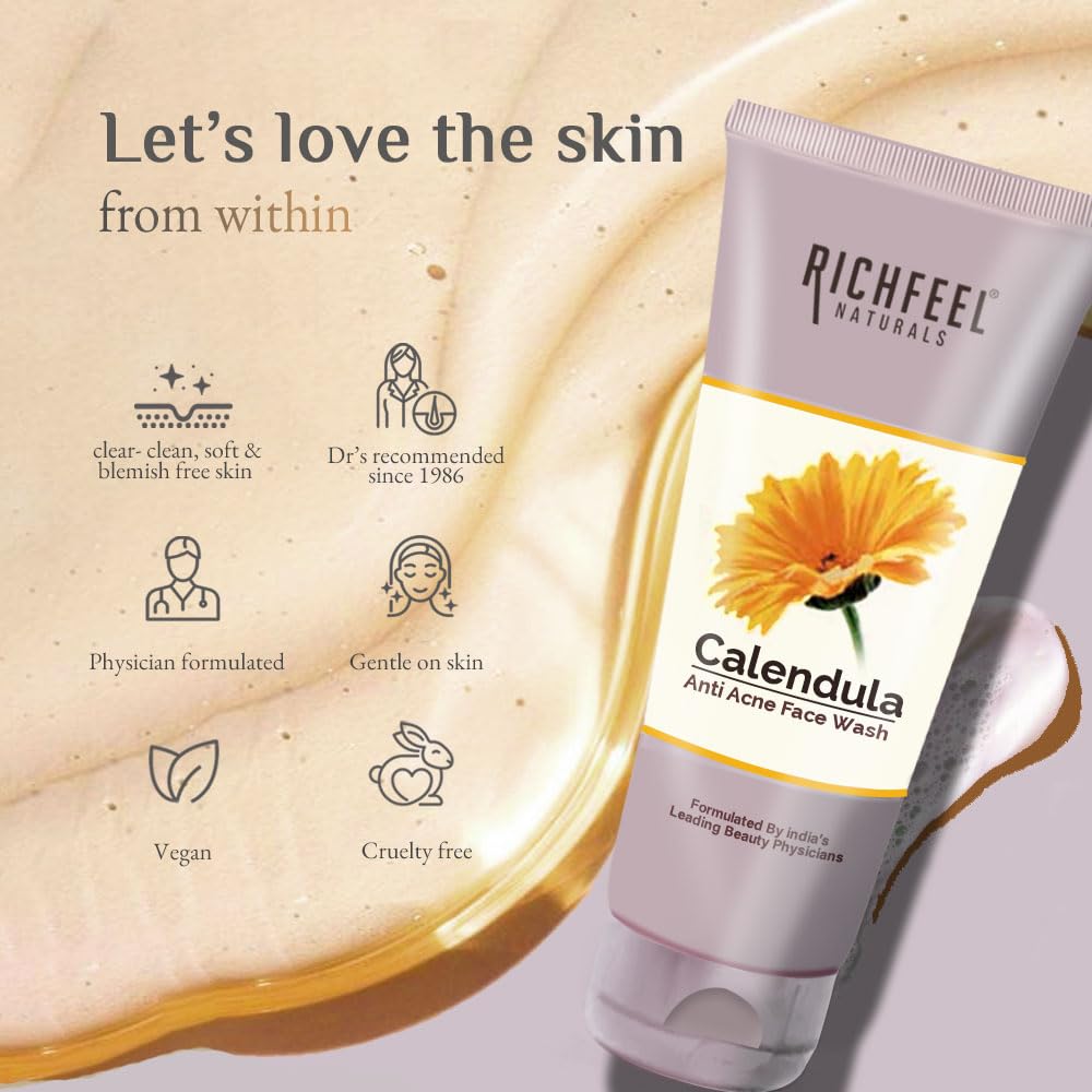 Richfeel Anti Acne Calendula Face Wash | Power of Soothing Calendula Extracts | For Skin prone to Acne & Blemishes | Physician Formulated | Helps Calm & Replenish Skin | 100 g