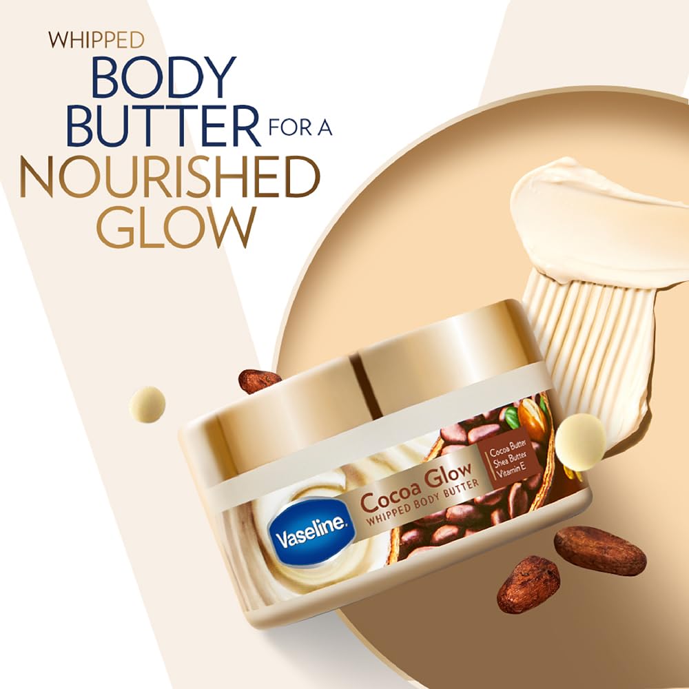 Vaseline Cocoa Glow Whipped Body Butter, 180 g. Cocoa & Shea Butter for Glowing Soft Skin
