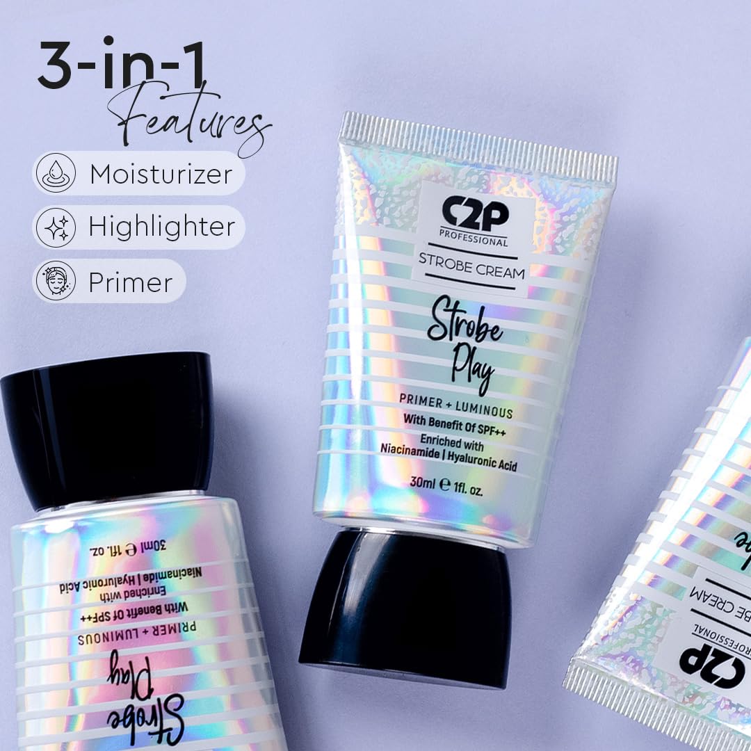 C2P Pro Strobe Cream for Face Glow Gold 30g | 3-in-1 Glow Booster | Primer + Highlighter + Moisturizer | SPF++ Niacinamide & Hyaluronic Acid | Dewy Glow for All Skin Types