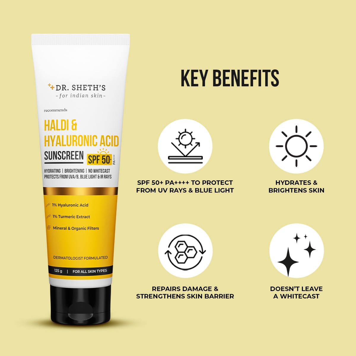 Dr. Sheth's Haldi & Hyaluronic Acid Sunscreen with 1% Hyaluronic Acid | Spf 50+ Pa+++ | Protects Against UVA/B & Blue Light | Hydrating & Brightening | For Men & Women | For All Skin Type | 125 g