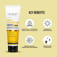 Dr. Sheth's Haldi & Hyaluronic Acid Sunscreen with 1% Hyaluronic Acid | Spf 50+ Pa+++ | Protects Against UVA/B & Blue Light | Hydrating & Brightening | For Men & Women | For All Skin Type | 125 g