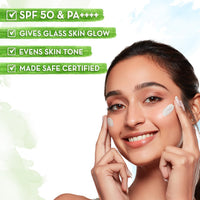 Mamaearth Rice Water Dewy Sunscreen with Rice Water & Niacinamide | Gives SPF50 & PA++++ Protection | For Glass Skin Glow | Evens Skin Tone | UVA & UVB Protection | No White Cast | For All Skin Types | 50 g