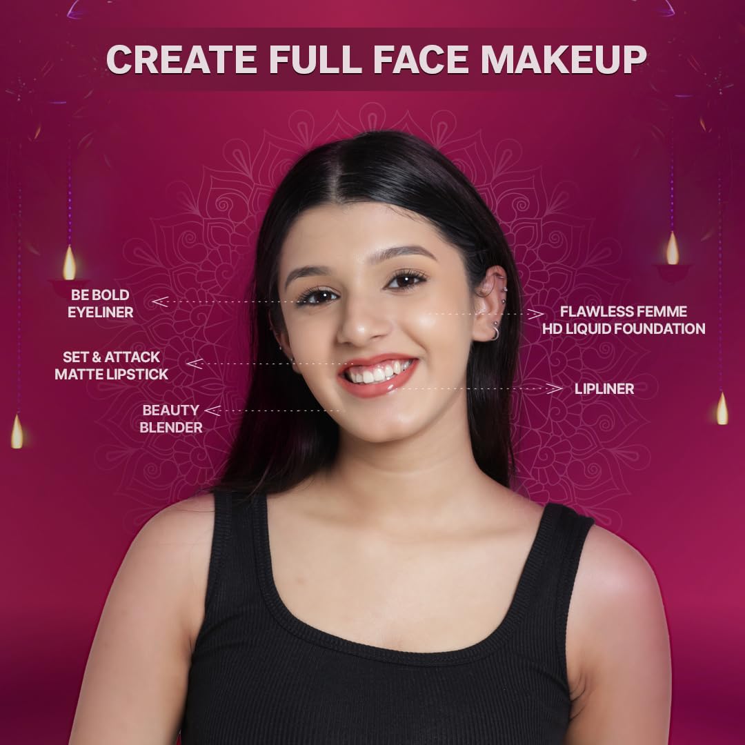 FLiCKA Wedding & Anniversary Gift Makeup Box Combo Pack | Flawless Foundation, Beauty Blender, Set & Attack Lipsticks, Be Bold Eyeliner, Lipliner, Vanity Box | Best Gift hamper for Sister, Girlfriend, Wife, Mother